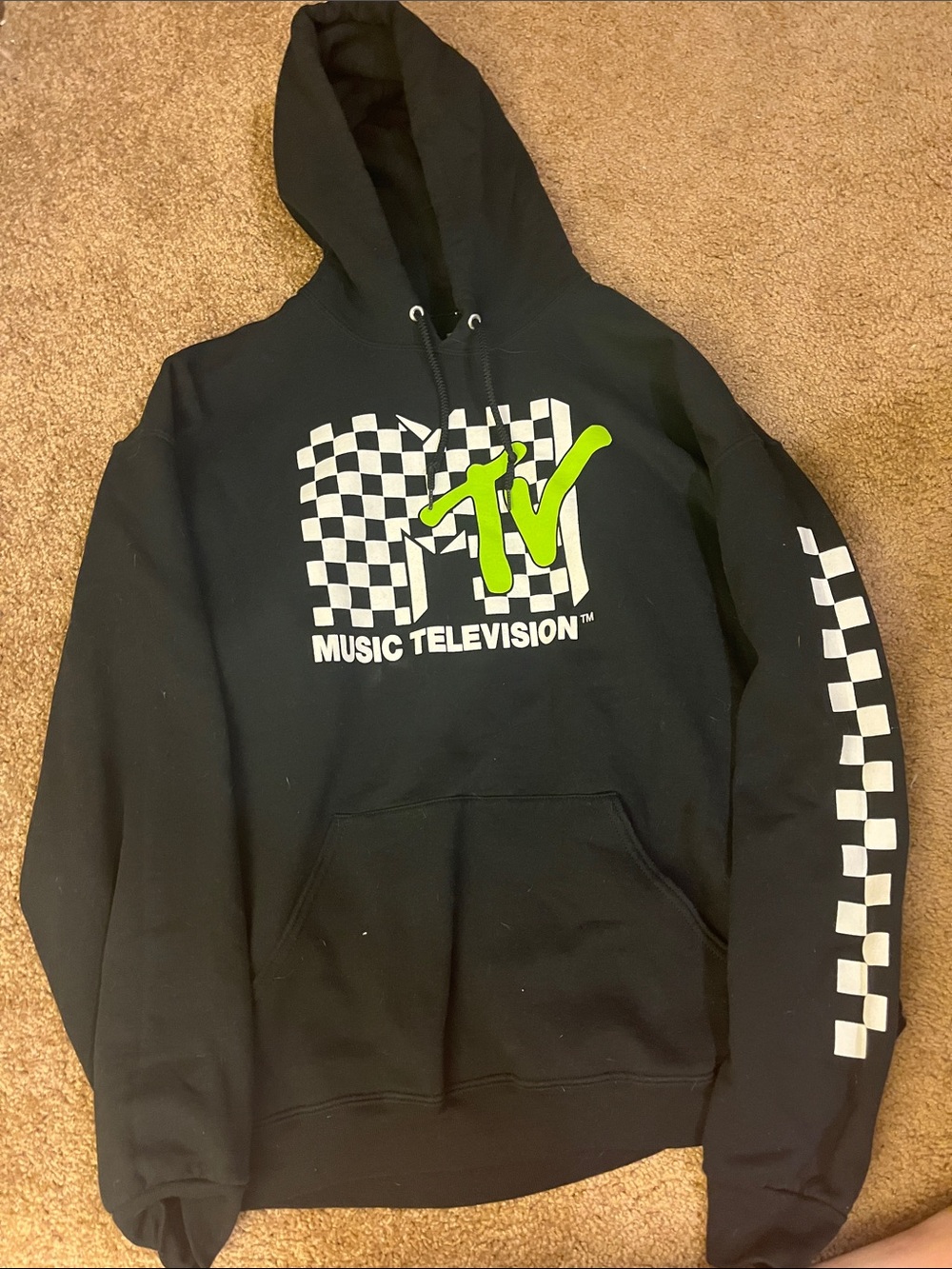 MTV Black Hoodie with White Checkerboard and Neon Green Logo